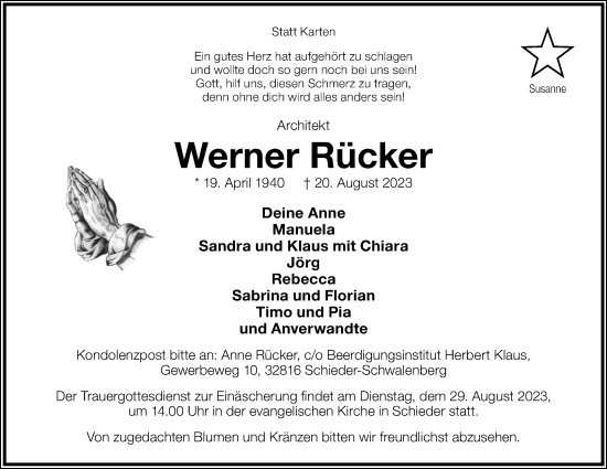 Anzeige  Werner Rücker  Lippische Landes-Zeitung