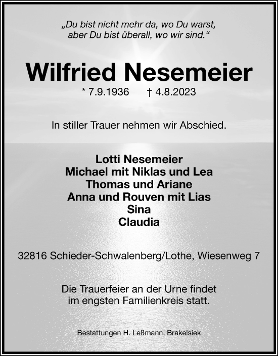 Anzeige  Wilfried Nesemeier  Lippische Landes-Zeitung