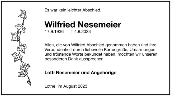 Anzeige  Wilfried Nesemeier  Lippische Landes-Zeitung