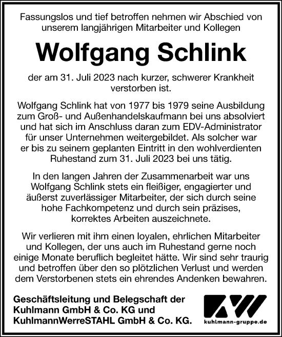 Anzeige  Wolfgang Schlink  Lippische Landes-Zeitung