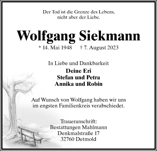 Anzeige  Wolfgang Siekmann  Lippische Landes-Zeitung