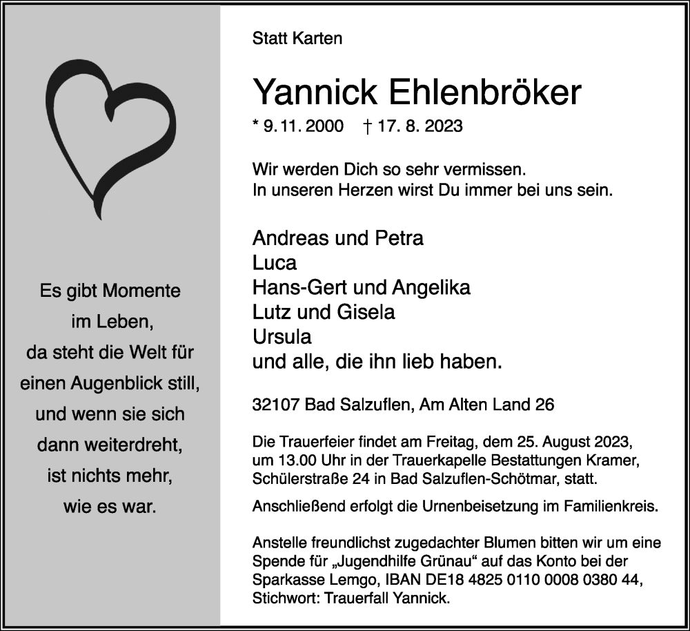  Traueranzeige für Yannick Ehlenbröker vom 22.08.2023 aus Lippische Landes-Zeitung