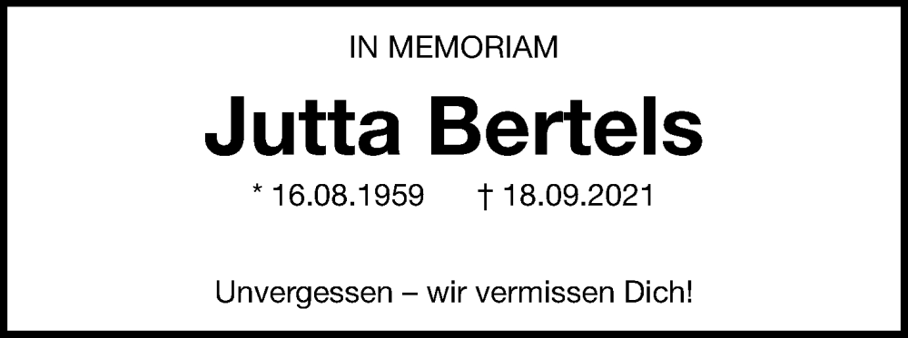  Traueranzeige für Jutta Bertels vom 16.09.2023 aus Lippische Landes-Zeitung