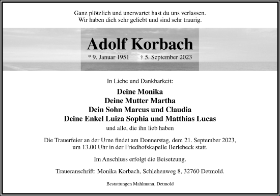 Anzeige  Adolf Korbach  Lippische Landes-Zeitung