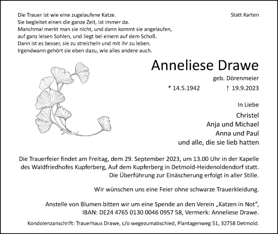 Anzeige  Anneliese Drawe  Lippische Landes-Zeitung