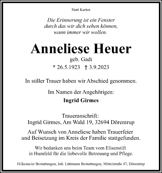 Anzeige  Anneliese Heuer  Lippische Landes-Zeitung
