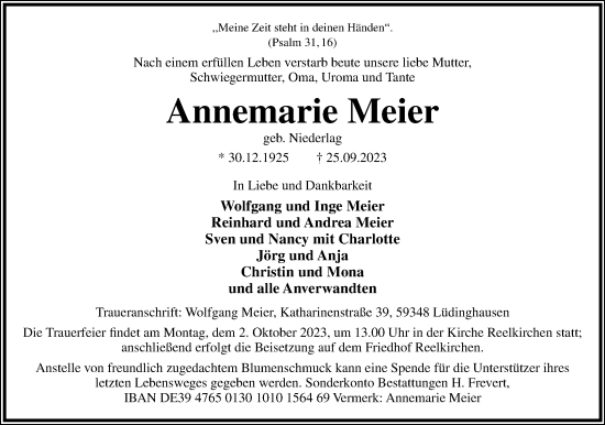 Anzeige  Annemarie Meier  Lippische Landes-Zeitung