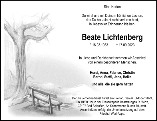 Anzeige  Beate Lichtenberg  Lippische Landes-Zeitung