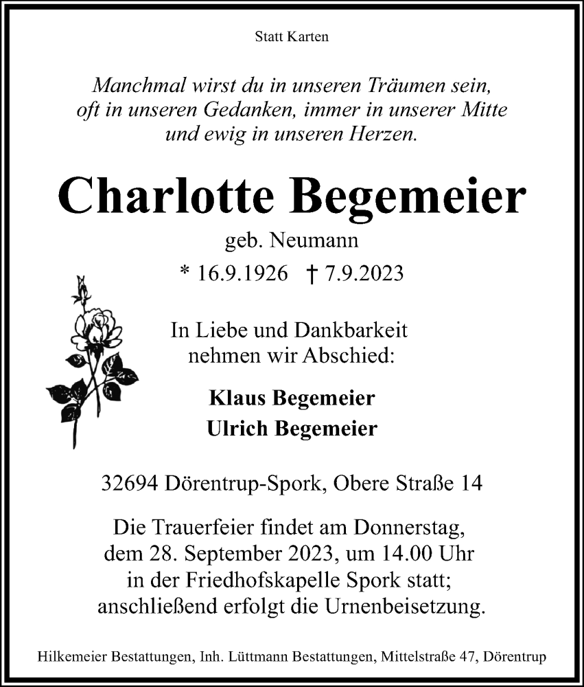  Traueranzeige für Charlotte Begemeier vom 09.09.2023 aus Lippische Landes-Zeitung