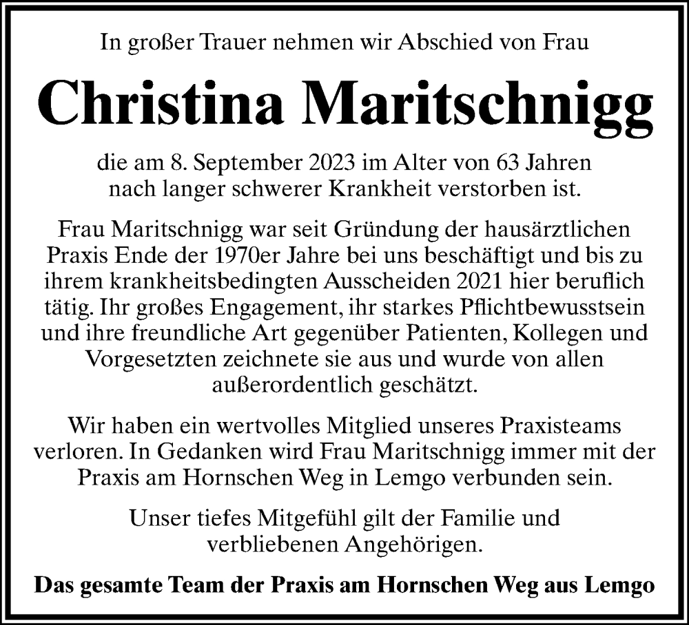  Traueranzeige für Christina Maritschnigg vom 23.09.2023 aus Lippische Landes-Zeitung