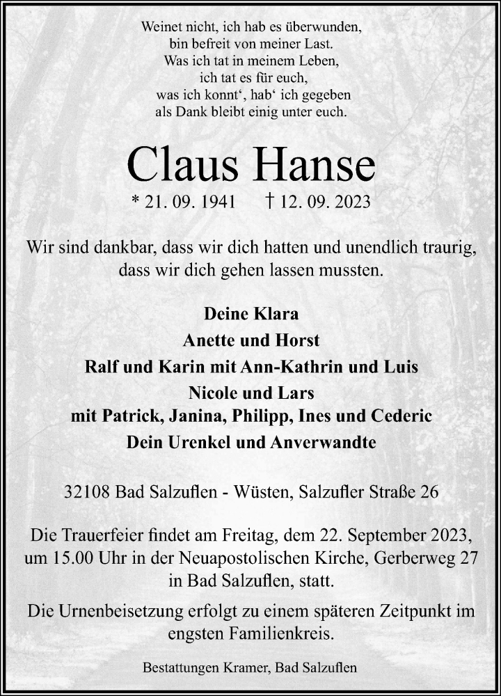  Traueranzeige für Claus Hanse vom 16.09.2023 aus Lippische Landes-Zeitung