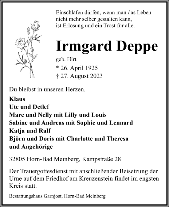 Anzeige  Irmgard Deppe   Lippische Landes-Zeitung