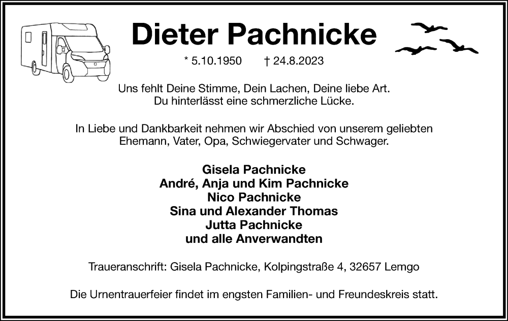  Traueranzeige für Dieter Pachnicke vom 02.09.2023 aus Lippische Landes-Zeitung