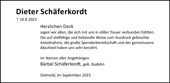 Anzeige  Dieter Schäferkordt  Lippische Landes-Zeitung