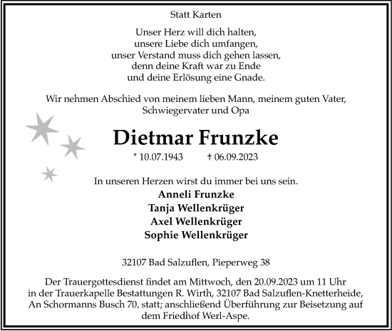 Anzeige  Dietmar Frunzke  Lippische Landes-Zeitung