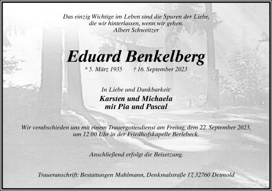 Anzeige  Eduard Benkelberg  Lippische Landes-Zeitung