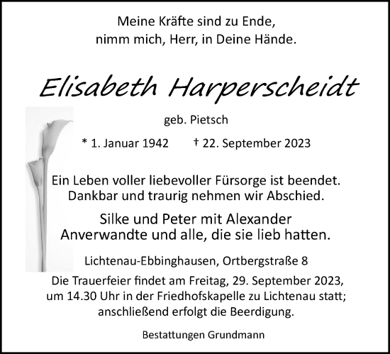 Anzeige  Elisabeth Harperscheidt  Lippische Landes-Zeitung