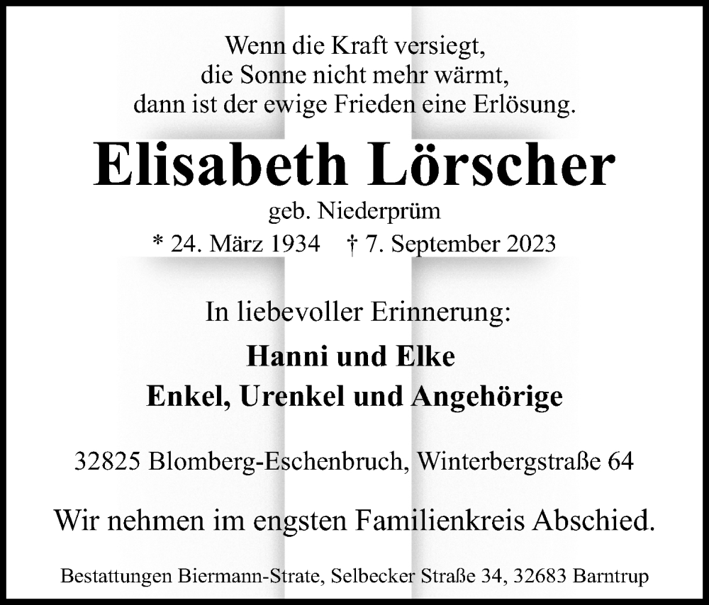  Traueranzeige für Elisabeth Lörscher vom 16.09.2023 aus Lippische Landes-Zeitung