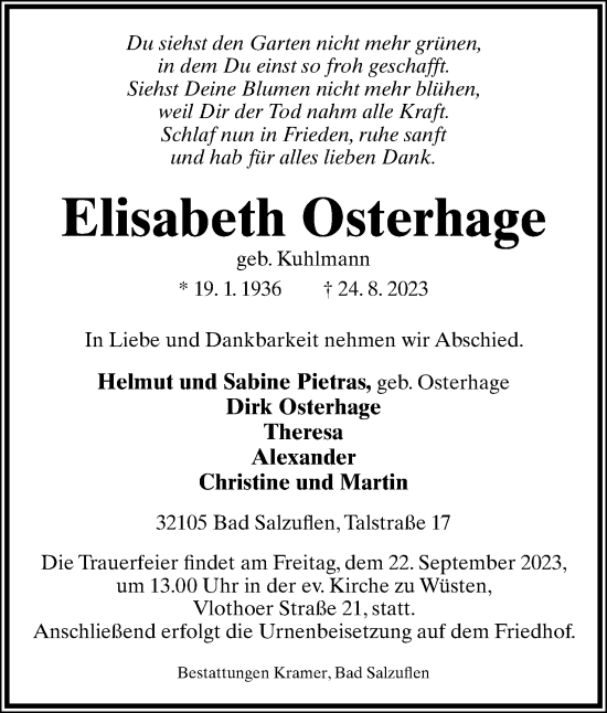 Anzeige  Elisabeth Osterhage  Lippische Landes-Zeitung