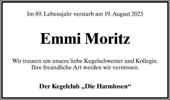 Anzeige  Emmi Moritz  Lippische Landes-Zeitung