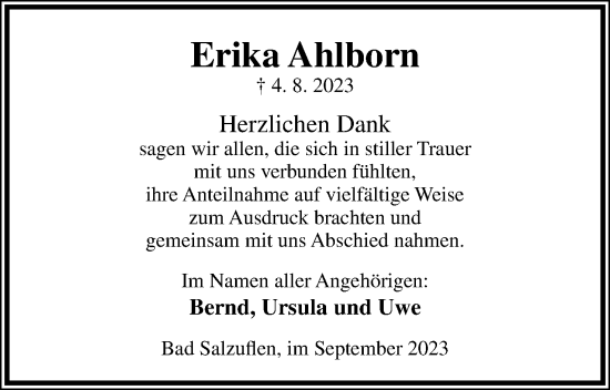 Anzeige  Erika Ahlborn  Lippische Landes-Zeitung