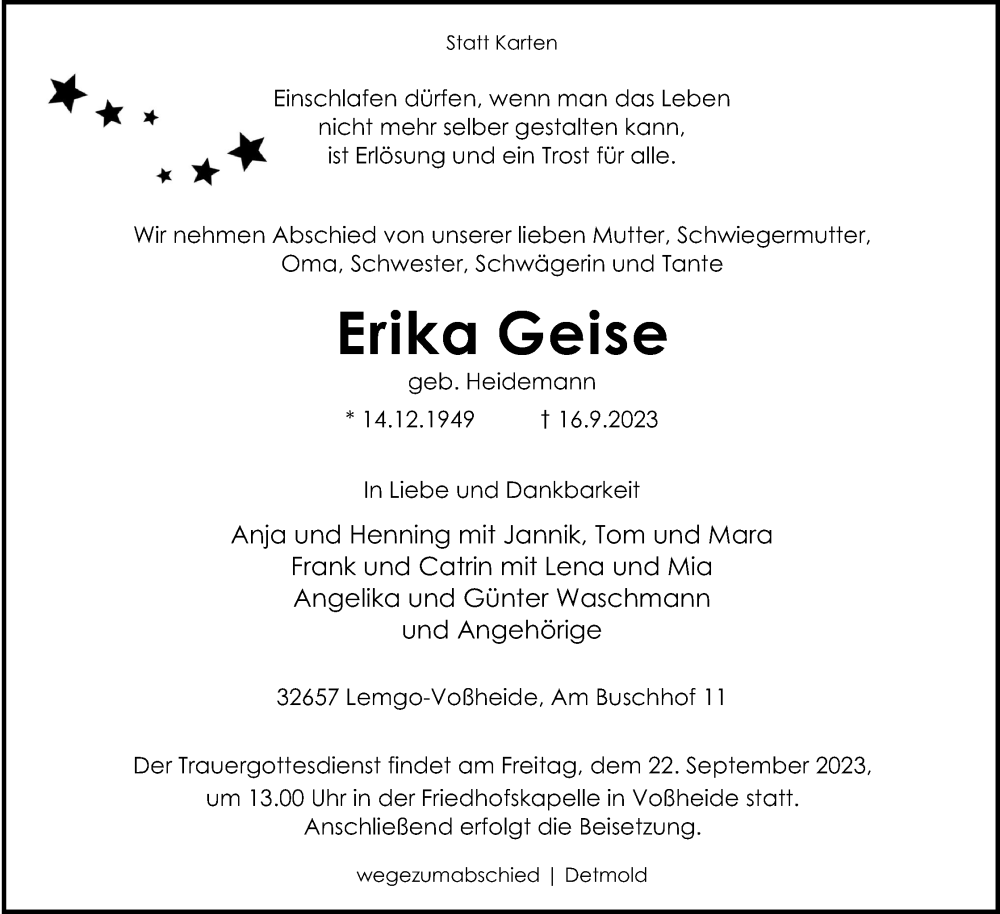  Traueranzeige für Erika Geise vom 20.09.2023 aus Lippische Landes-Zeitung