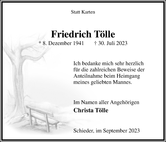 Anzeige  Friedrich Tölle  Lippische Landes-Zeitung