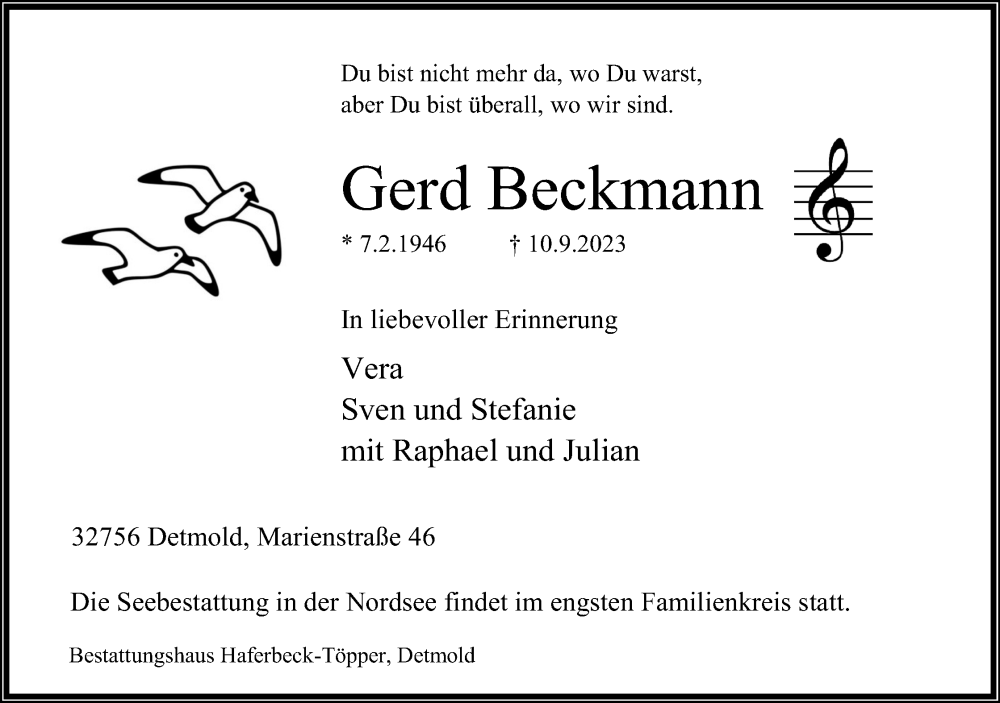  Traueranzeige für Gerd Beckmann vom 16.09.2023 aus Lippische Landes-Zeitung