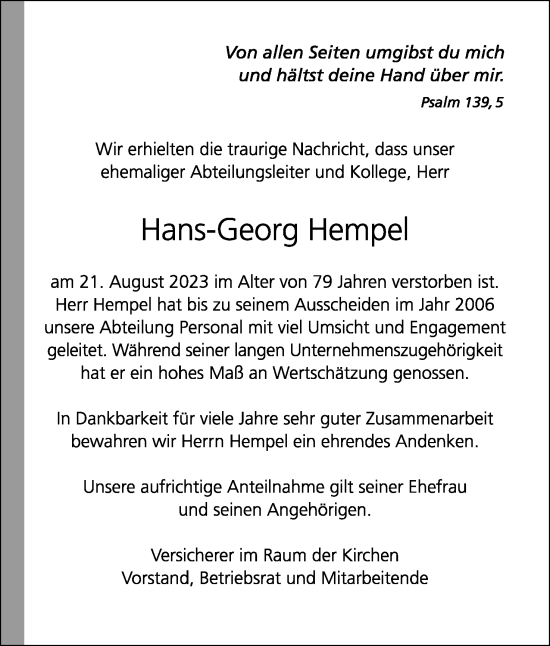 Anzeige  Hans-Georg Hempel  Lippische Landes-Zeitung