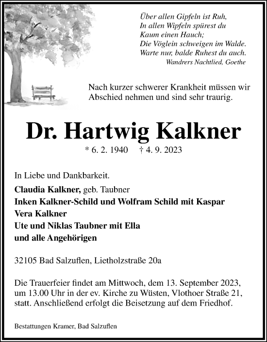Anzeige  Hartwig Kalkner  Lippische Landes-Zeitung