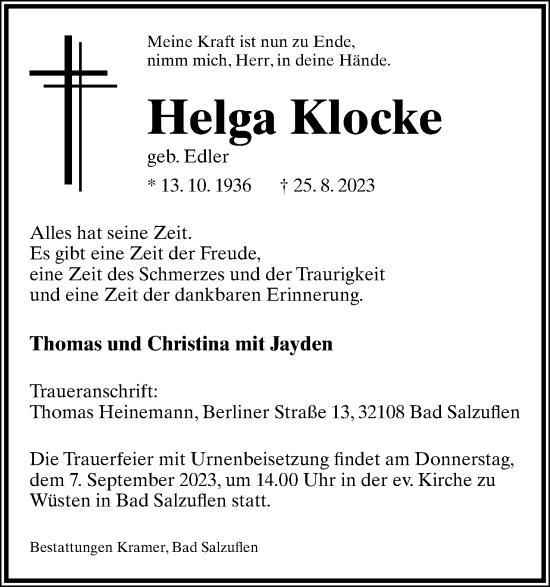 Anzeige  Helga Klocke  Lippische Landes-Zeitung