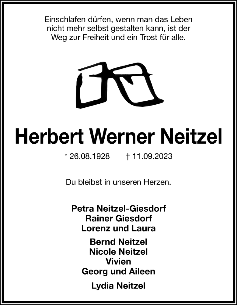  Traueranzeige für Herbert Werner Neitzel vom 16.09.2023 aus Lippische Landes-Zeitung