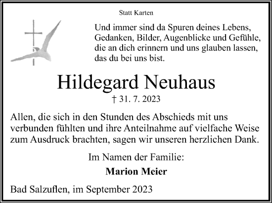 Anzeige  Hildegard Neuhaus  Lippische Landes-Zeitung
