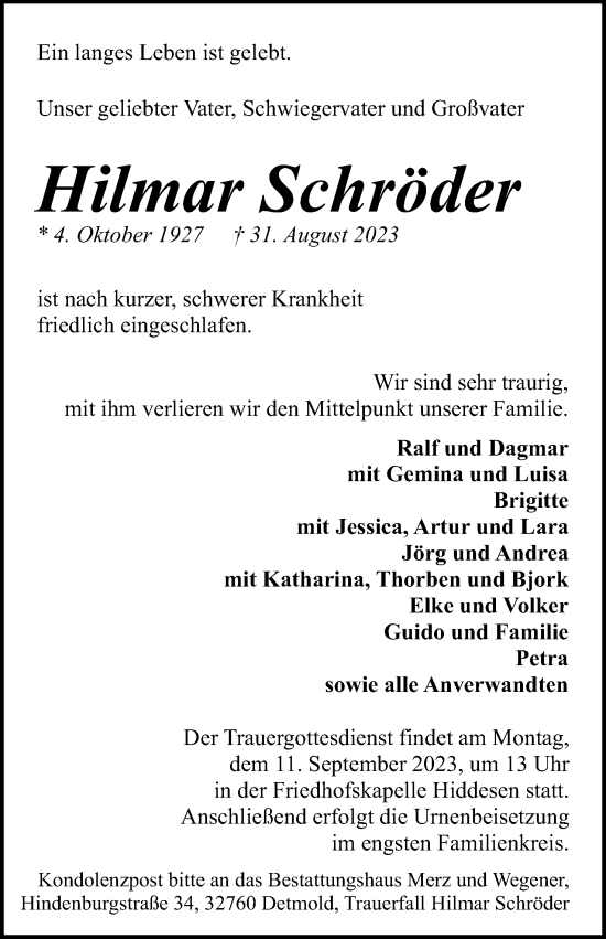Anzeige  Hilmar Schröder  Lippische Landes-Zeitung