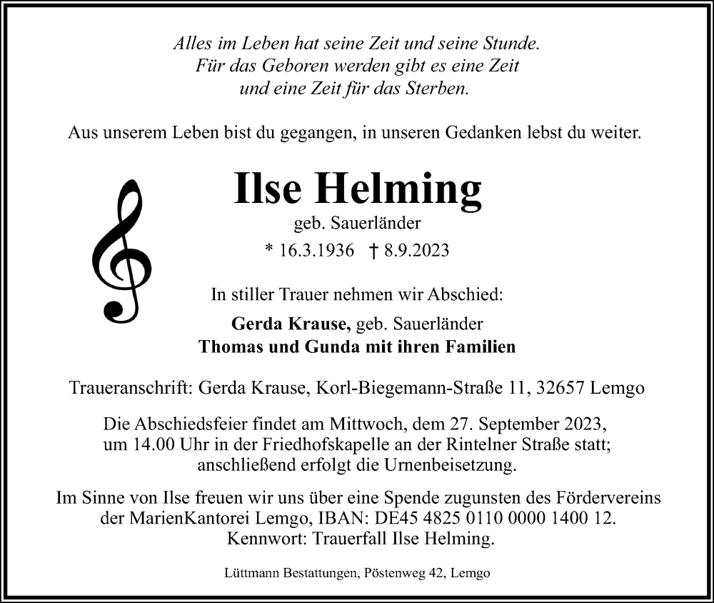  Traueranzeige für Ilse Helming vom 16.09.2023 aus Lippische Landes-Zeitung