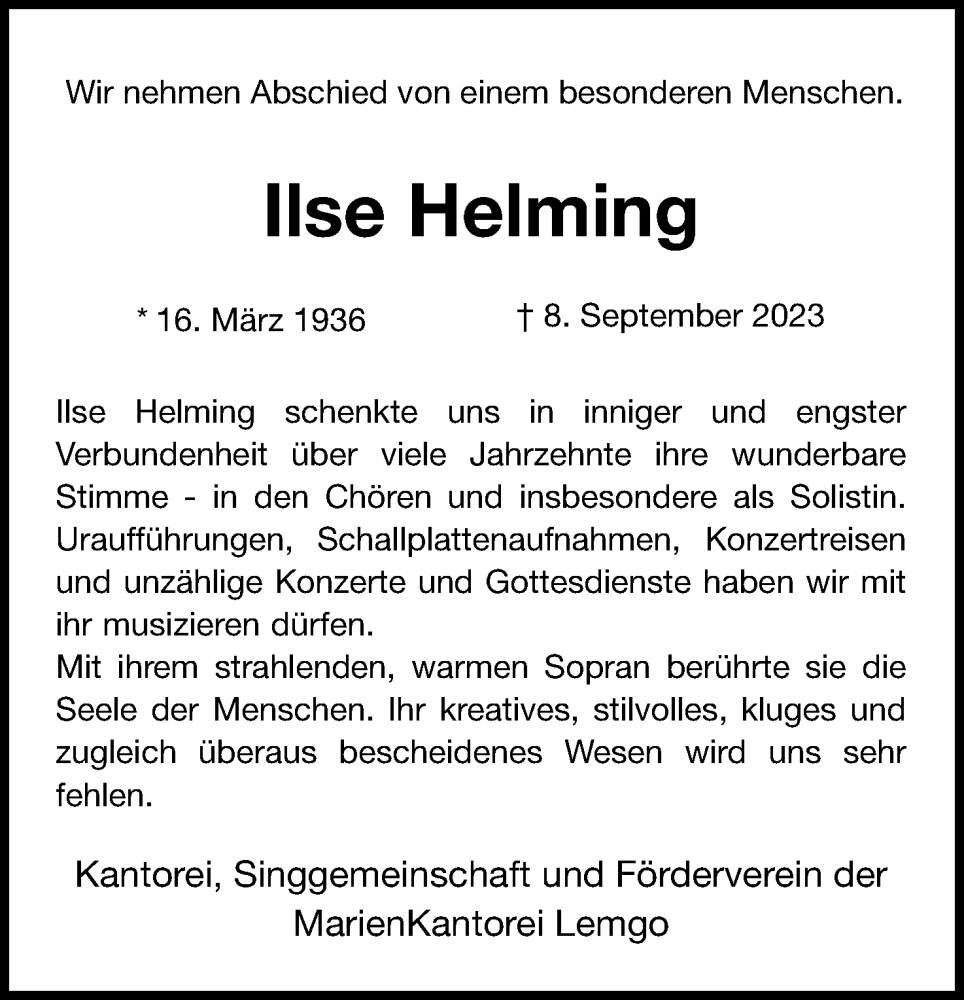  Traueranzeige für Ilse Helming vom 23.09.2023 aus Lippische Landes-Zeitung
