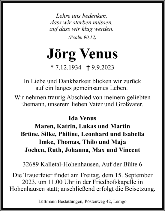 Anzeige  Jörg Venus  Lippische Landes-Zeitung