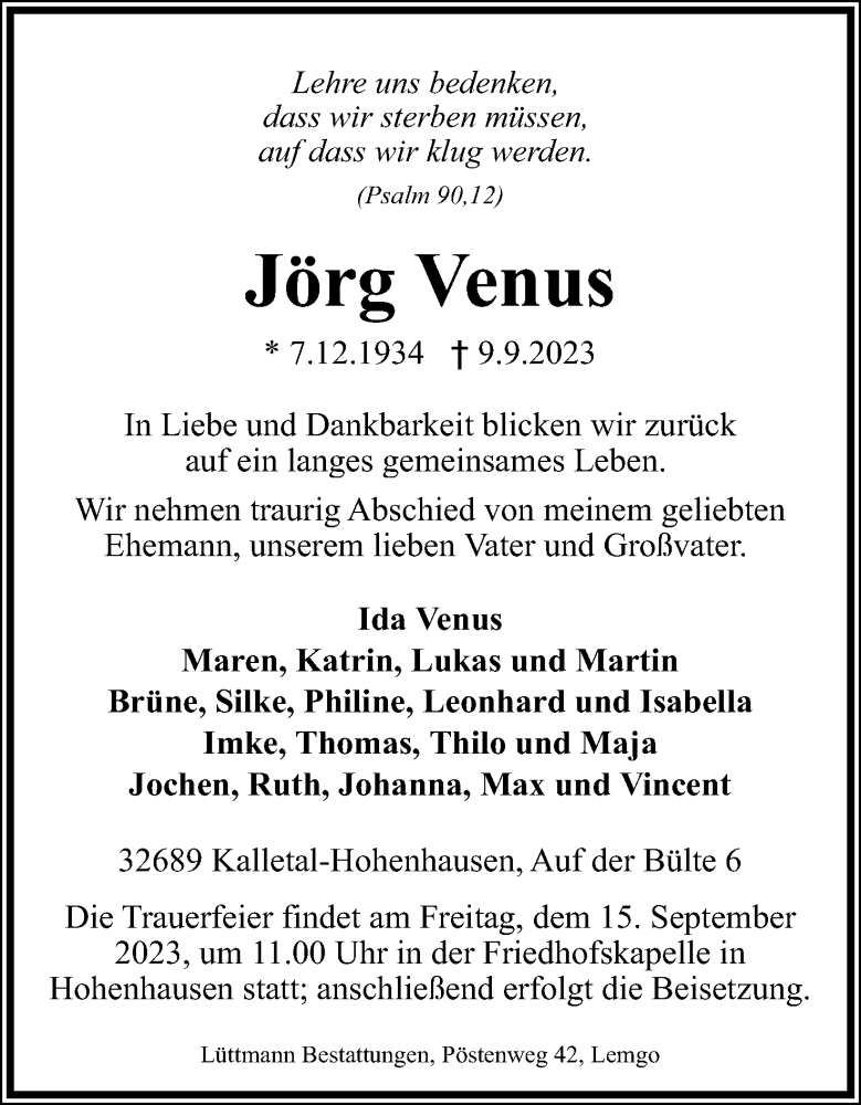  Traueranzeige für Jörg Venus vom 13.09.2023 aus Lippische Landes-Zeitung