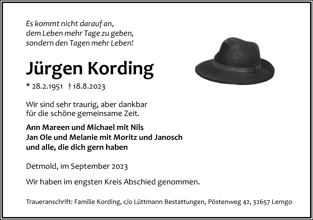  Traueranzeige für Jürgen Kording vom 02.09.2023 aus Lippische Landes-Zeitung