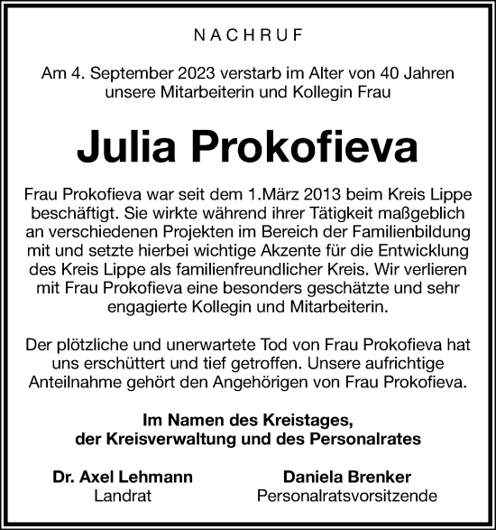 Anzeige  Julia Prokofieva  Lippische Landes-Zeitung