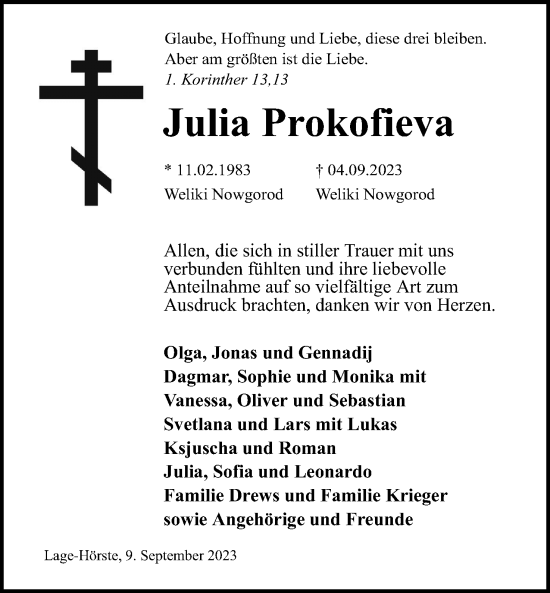 Anzeige  Julia Prokofieva  Lippische Landes-Zeitung