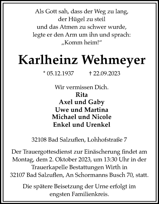 Anzeige  Karlheinz Wehmeyer  Lippische Landes-Zeitung