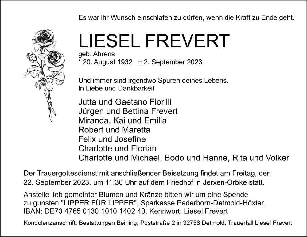  Traueranzeige für Liesel Frevert vom 09.09.2023 aus Lippische Landes-Zeitung