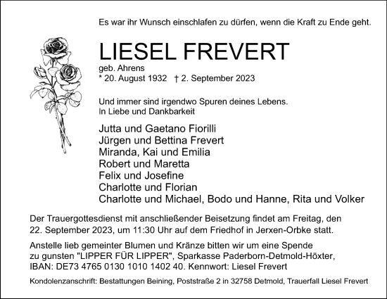 Anzeige  Liesel Frevert  Lippische Landes-Zeitung
