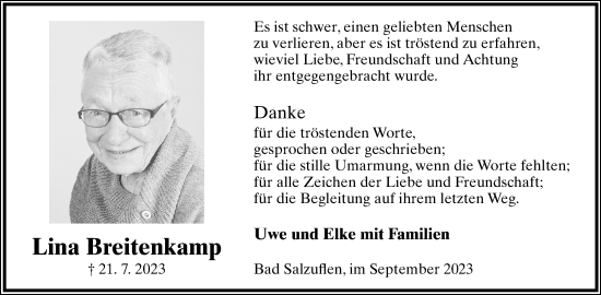 Anzeige  Lina Breitenkamp  Lippische Landes-Zeitung