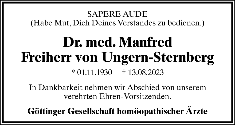  Traueranzeige für Manfred George Walter Maria Freiherr v. Ungern-Sternberg Freiherr zu Pürkel vom 23.09.2023 aus Lippische Landes-Zeitung