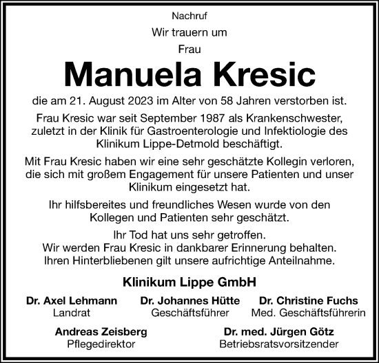 Anzeige  Manuela Kresic  Lippische Landes-Zeitung