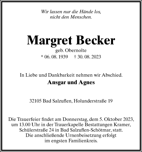 Anzeige  Margret Becker  Lippische Landes-Zeitung