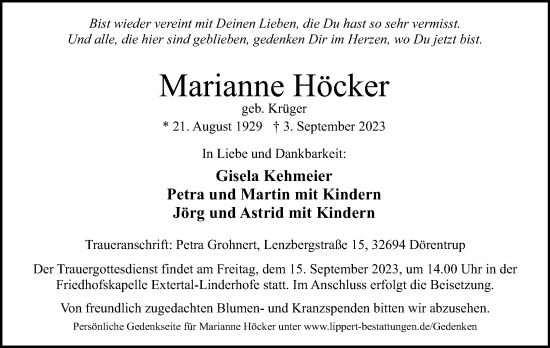 Anzeige  Marianne Höcker  Lippische Landes-Zeitung