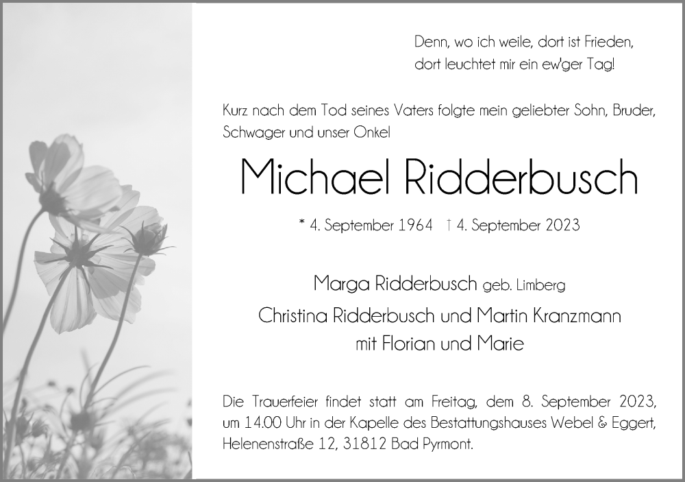  Traueranzeige für Michael Ridderbusch vom 06.09.2023 aus Lippische Landes-Zeitung
